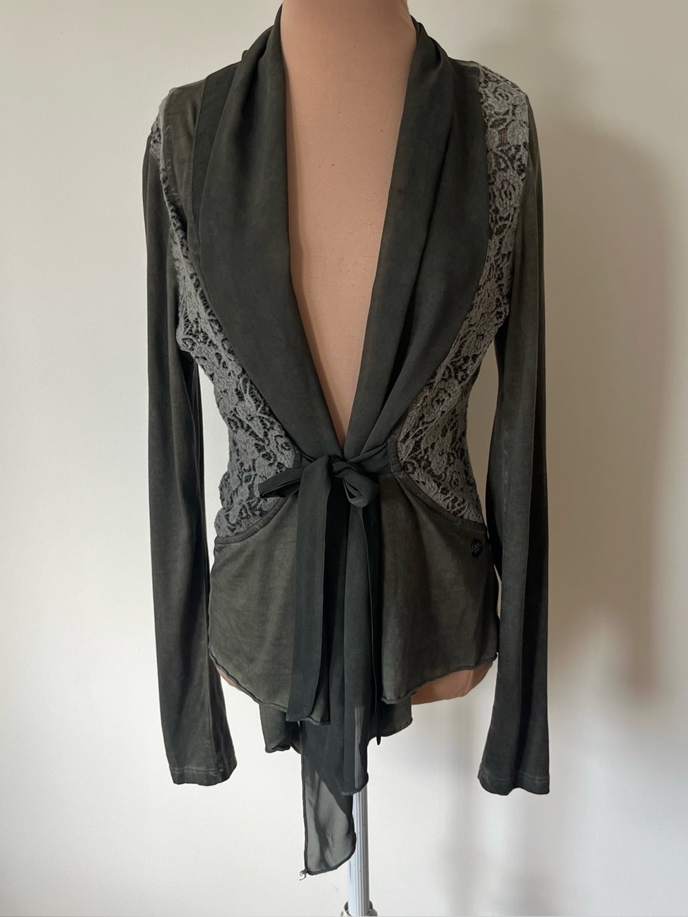Anthropologie Didi Pretty Different Lace Panel Front Tie Draped Green Cardigan S